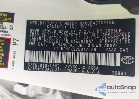 2012 Toyota Camry Hybrid Xle из США, поврежденный, VIN 4T1BD1FK9CU017576